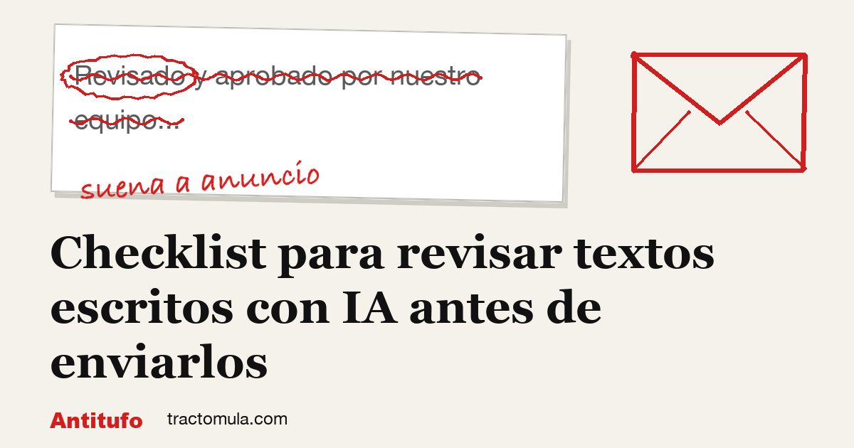 Checklist para revisar textos escritos con IA antes de enviarlos. Guía de Tractomula.